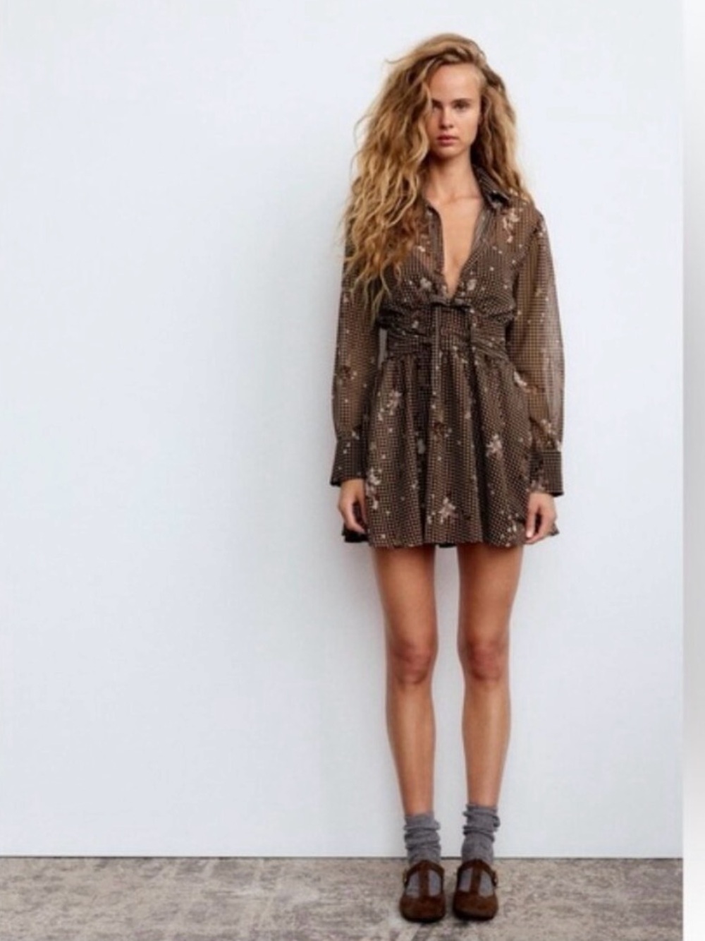 Zara Brown Gingham & Floral Long Sleeve Deep V-Neck Mini Dress - Picture 4 of 11